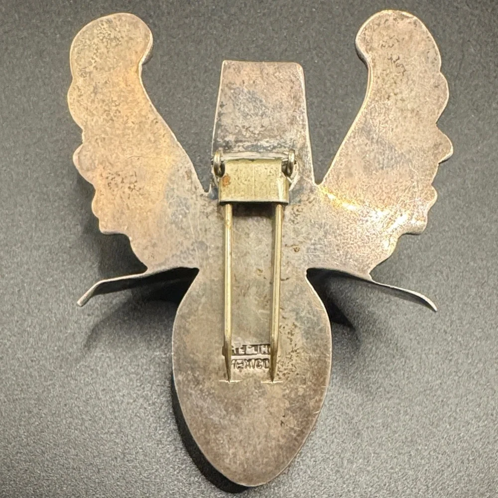 Sterling Silver and Black Onyx Mask Pin Mexico Brooch - Picture 4 of 5